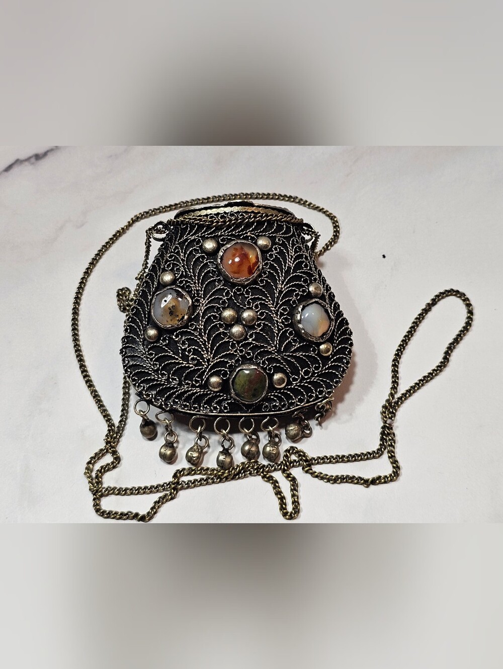 Vintage Sajai metal filigree Purse with natural multicolored stones